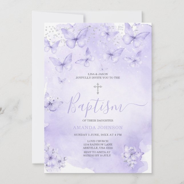 Silver Lavender Butterfly Baptism Purple Invitation (Front)