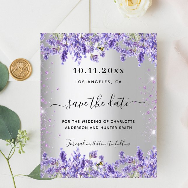 Silver lavender florals wedding save the date card (Creator Uploaded)