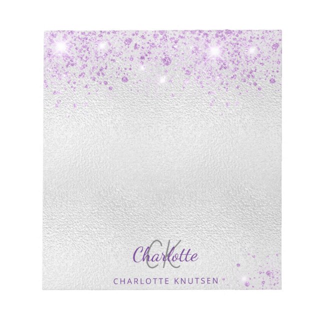 Silver lavender glitter monogram initials name notepad (Front)