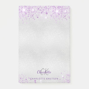 Silver lavender glitter monogram initials name post-it notes