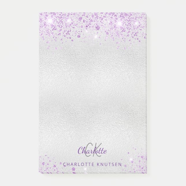 Silver lavender glitter monogram initials name post-it notes (Front)
