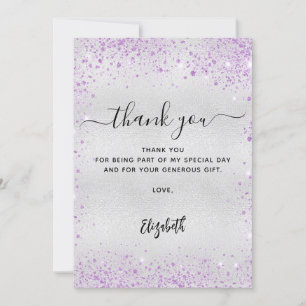 Silver lavender glitter thank you card