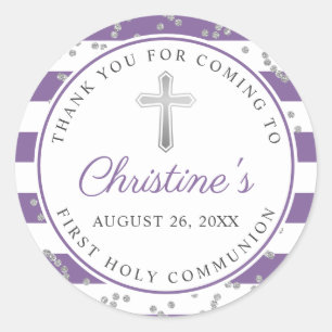 Silver Lavender Purple Stripe First Communion Classic Round Sticker