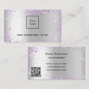 Silver lavender QR code glitter Business Card