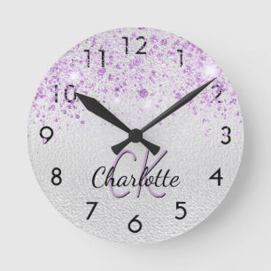 Silver Lavender sparkles monogram Round Clock