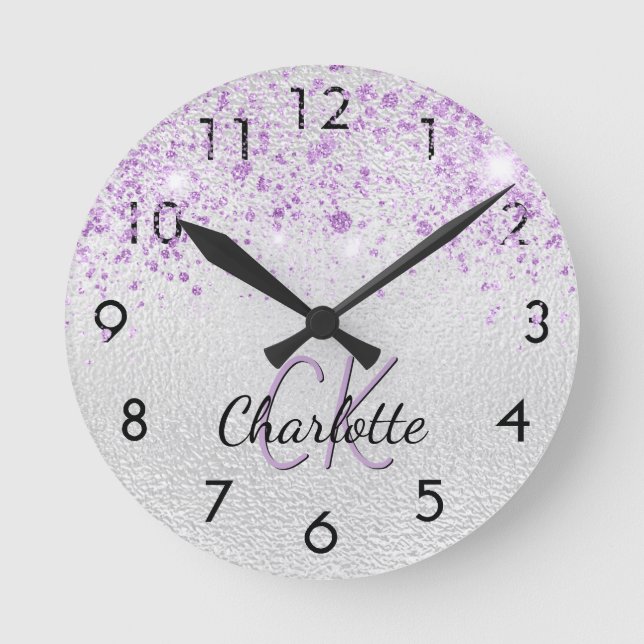 Silver Lavender sparkles monogram Round Clock (Front)