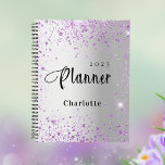 Silver lavender violet glitter name 2025 planner<br><div class="desc">A faux silver looking background decorated with purple,  violet faux glitter dust.  Personalize and add a name and year.</div>