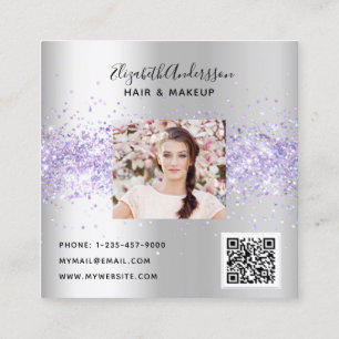 Silver lavender violet profile photo qr code square business card
