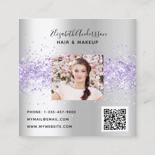 Silver lavender violet profile photo qr code square business card (Back)