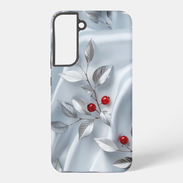 Silver Leaf Red Berry Silk Samsung Galaxy S22+ Case (Back)