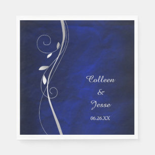 Silver Leaf Swirl Blue Wedding Napkins