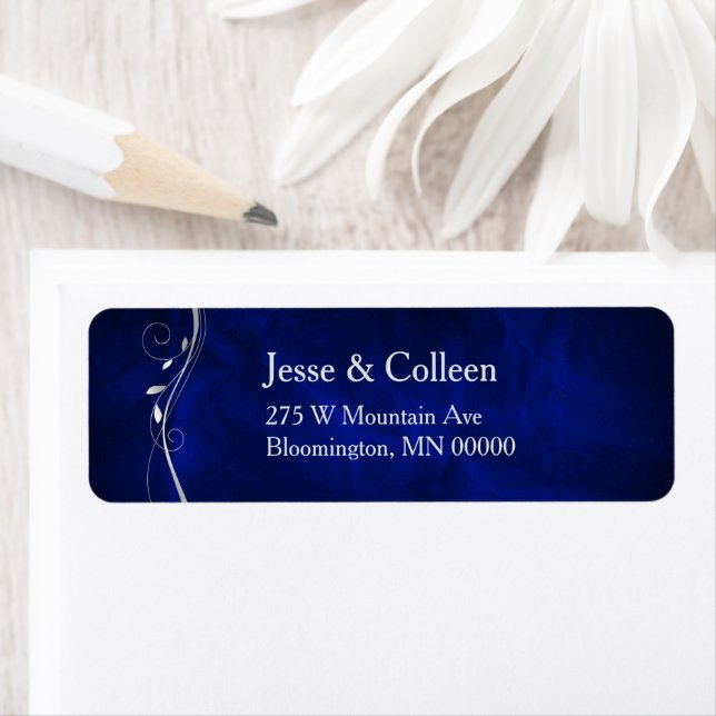 Silver Leaf Swirl Blue Wedding Return Address (Insitu)