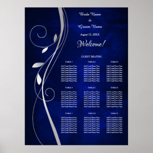 Silver Leaf Swirl Blue Wedding Seating Chart