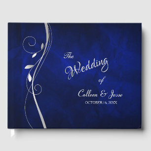 Silver Leaf Swirl Deep Blue Wedding Guest Book