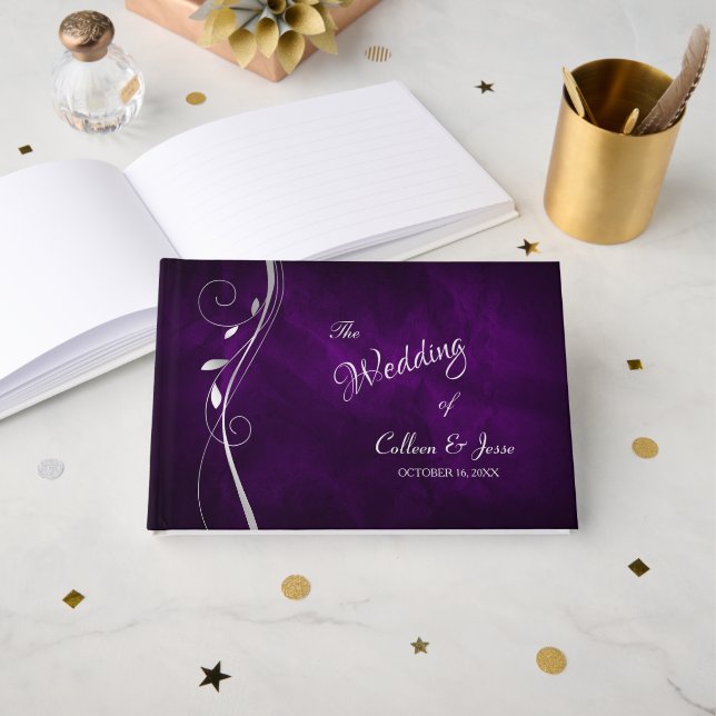 Silver Leaf Swirl Deep Purple Wedding Guest Book (Front Open)
