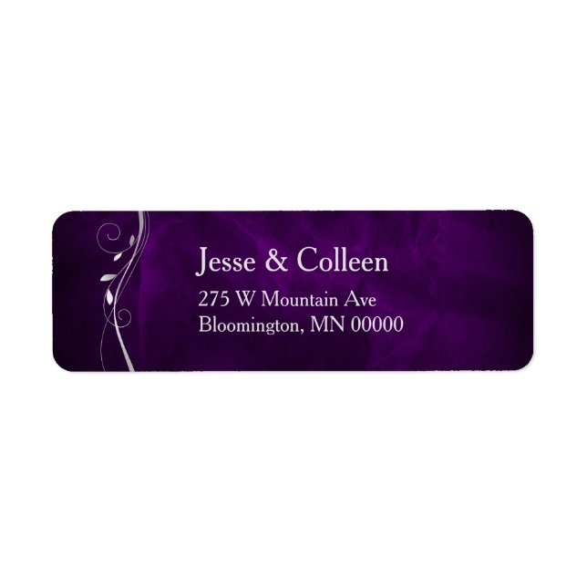 Silver Leaf Swirl Purple Wedding Return Address (Front)