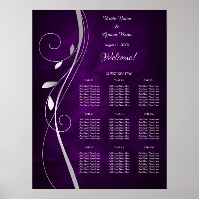 Silver Leaf Swirl Purple Wedding Seating Chart (Front)