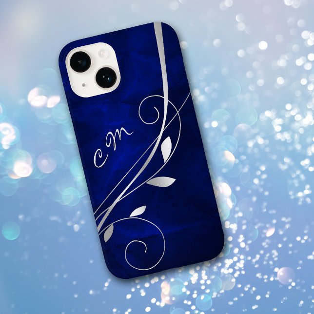 Silver Leaf Swirl Royal Blue Monogram Case-Mate iPhone Case (Creator Uploaded)