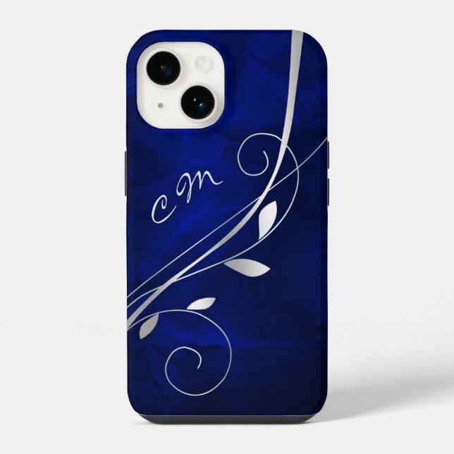 Silver Leaf Swirl Royal Blue Monogram iPhone Case (Back)