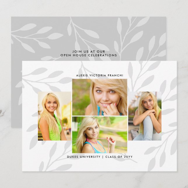 Silver Leaves 4 Photo Graduation Announcement (Front/Back)