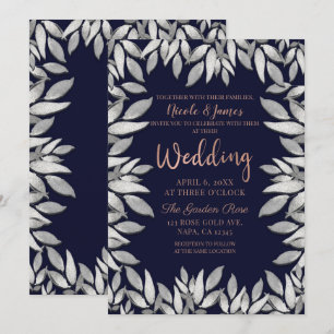 Silver Leaves Botanical Glam Blue Pink Wedding Invitation