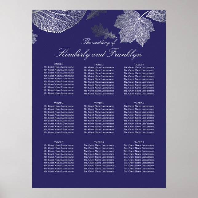 Silver Leaves Fall Navy Wedding Seating Chart (Front)