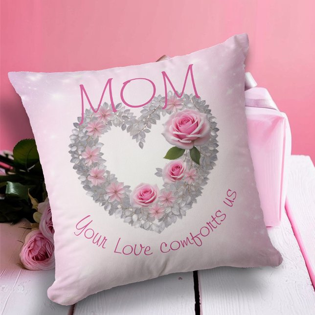 Silver Leaves Heart and Pink Rose Mom  Throw Pillow (Creator Uploaded)