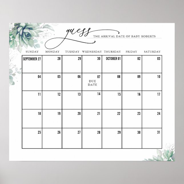 Silver Leaves Succulents Guess Due Date Calendar Poster (Front)