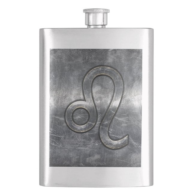 Silver Leo Zodiac Sign in Grunge Distressed Style Hip Flask (Front)