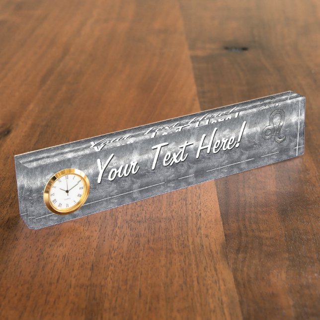Silver Leo Zodiac Sign in Grunge Distressed Style Nameplate (Side)
