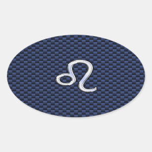 Silver Leo Zodiac Symbol Navy Carbon Fiber Print Oval Sticker