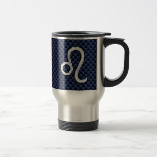 Silver Leo Zodiac Symbol Navy Carbon Fiber Print Travel Mug