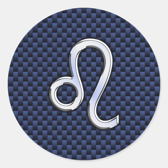 Silver Leo Zodiac Symbol Navy Carbon Fibre Print Classic Round Sticker (Front)