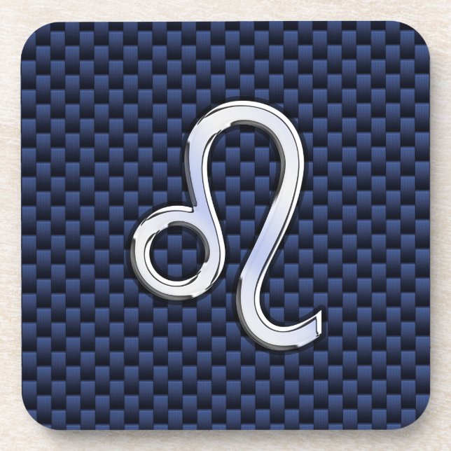 Silver Leo Zodiac Symbol Navy Carbon Fibre Print Coaster (Front)