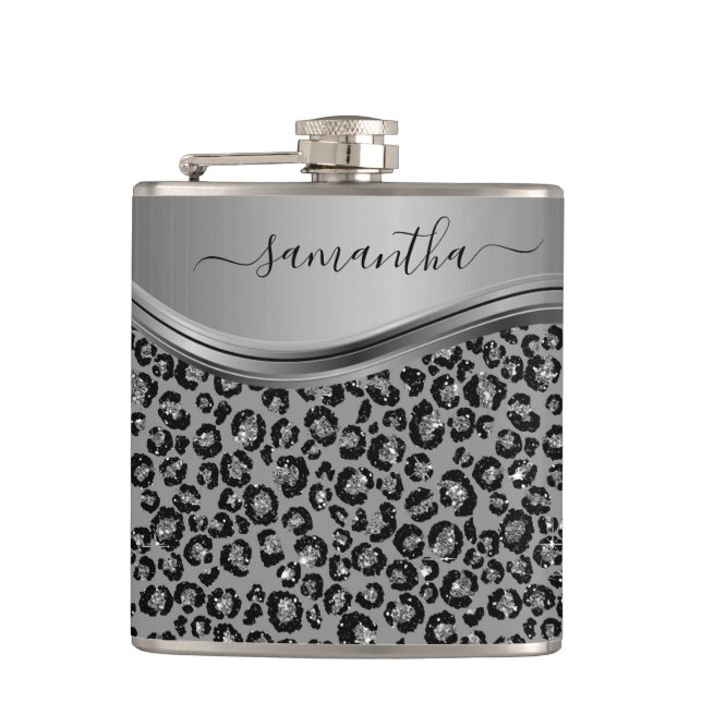Silver Leopard  Handwritten Name Metal Hip Flask (Front)