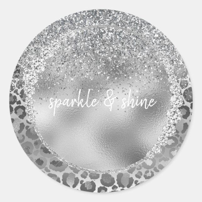 Silver Leopard Print Glitzy Sparkle Diamonds Classic Round Sticker (Front)