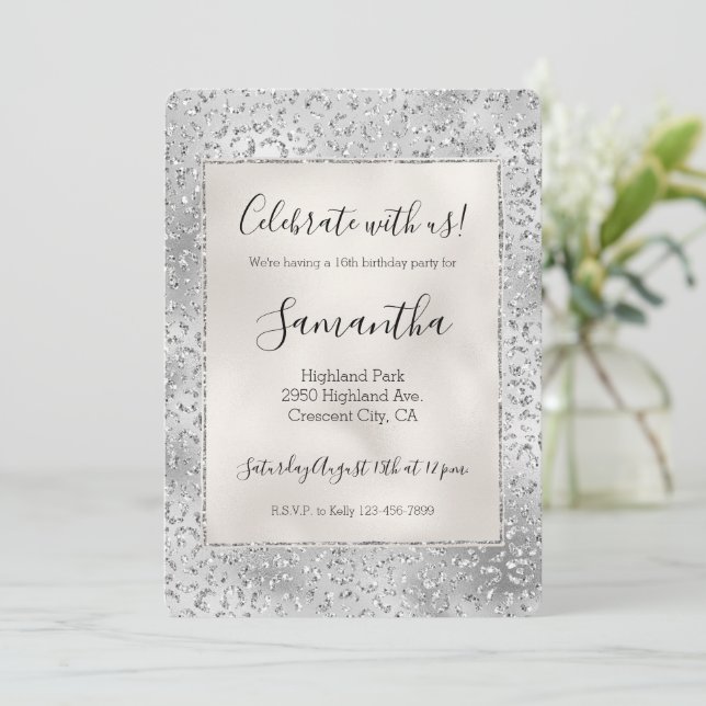 Silver Leopard Print Luxe Glitter Invitation (Standing Front)