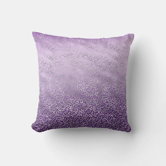 Silver Leopard Print Purple Ombre Throw Pillow (Front)