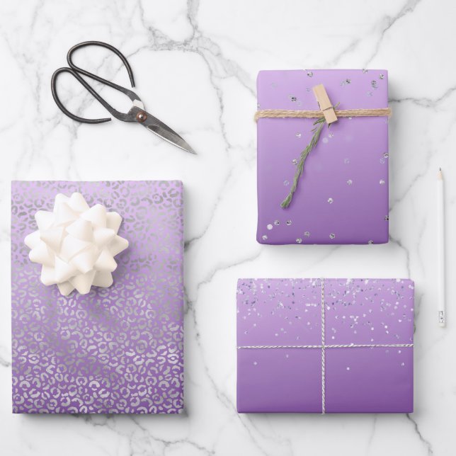 Silver Leopard Print Purple Ombre Wrapping Paper Sheet (Front)