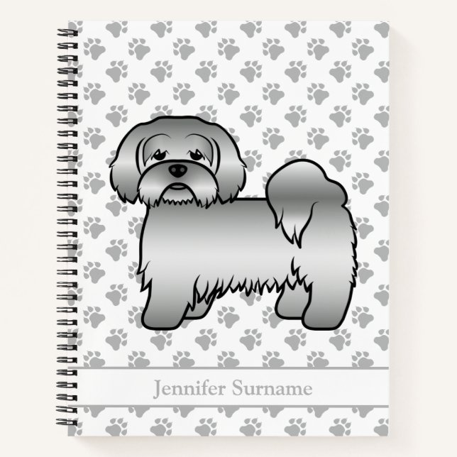 Silver Lhasa Apso Cute Cartoon Dog & Name Notebook (Front)