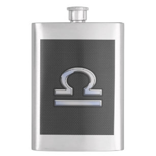 Silver Libra Zodiac Sign on black snake skin style Hip Flask