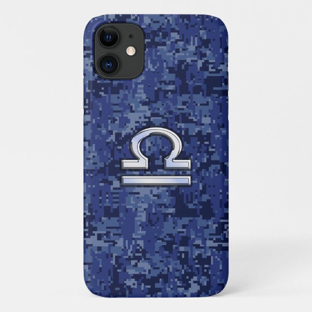 Silver Libra Zodiac Sign on blue digital camo Case-Mate iPhone Case (Back)