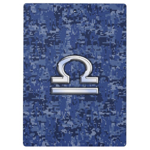 Silver Libra Zodiac Sign on blue digital camo Clipboard
