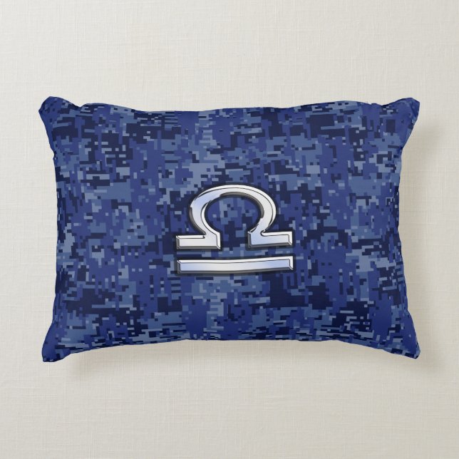 Silver Libra Zodiac Sign on blue digital camo Decorative Pillow (Front)