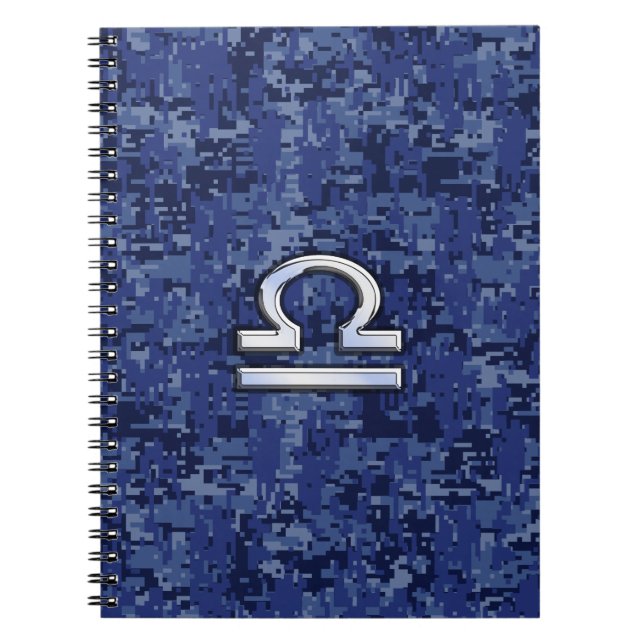 Silver Libra Zodiac Sign on blue digital camo Notebook (Front)