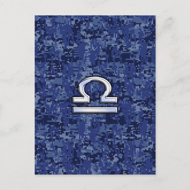 Silver Libra Zodiac Sign on blue digital camo Postcard (Front)