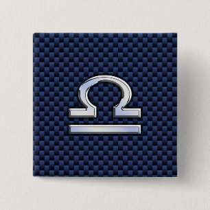 Silver Libra Zodiac Symbol Navy Blue Carbon Fibre 2 Inch Square Button