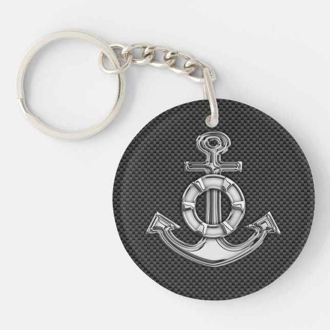 Silver Lifesaver Anchor on Black Carbon Fibre Keychain (Front)