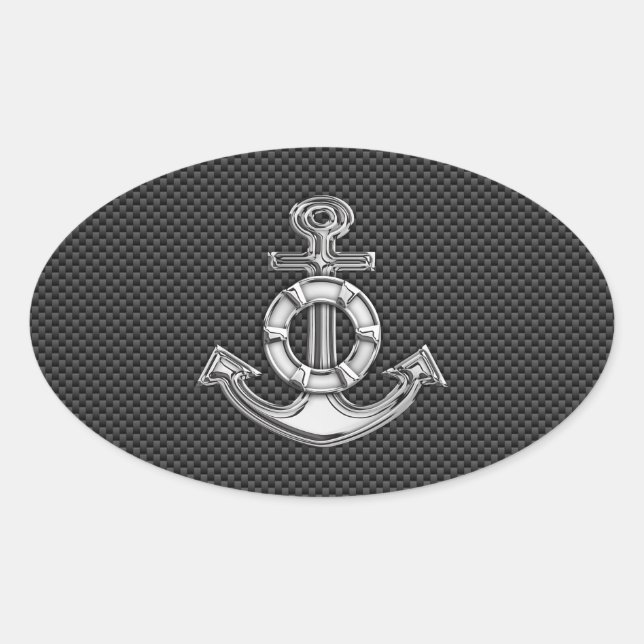 Silver Lifesaver Anchor on Black Carbon Fibre Oval Sticker (Front)
