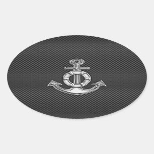 Silver Lifesaver Anchor on Black Carbon Fibre Oval Sticker